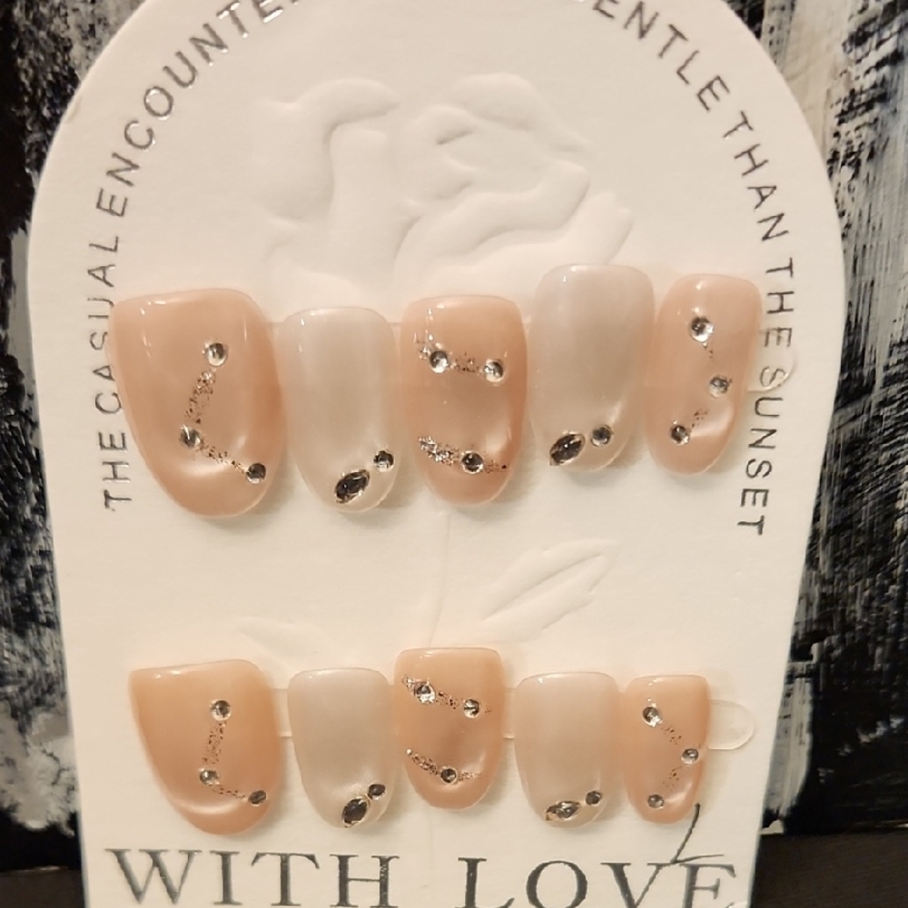 Elegant Nude Press-On Nails with Rhinestones